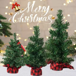 1pc Artificial Christmas Tree, Red/Black Plaid Base, 3 Sizes Emerald Green Pine, Desktop Cafe Farmhouse Decor