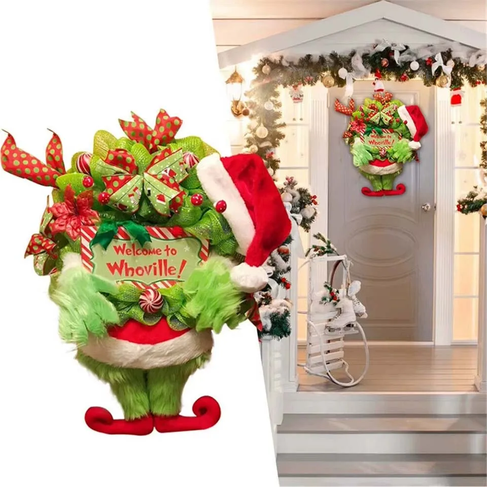 1pcs Creative Christmas Decor Plush Green Hairy Monster Hanging Ornament Elf Leg Wreath Door Hanging New Year Decoration - Image 2