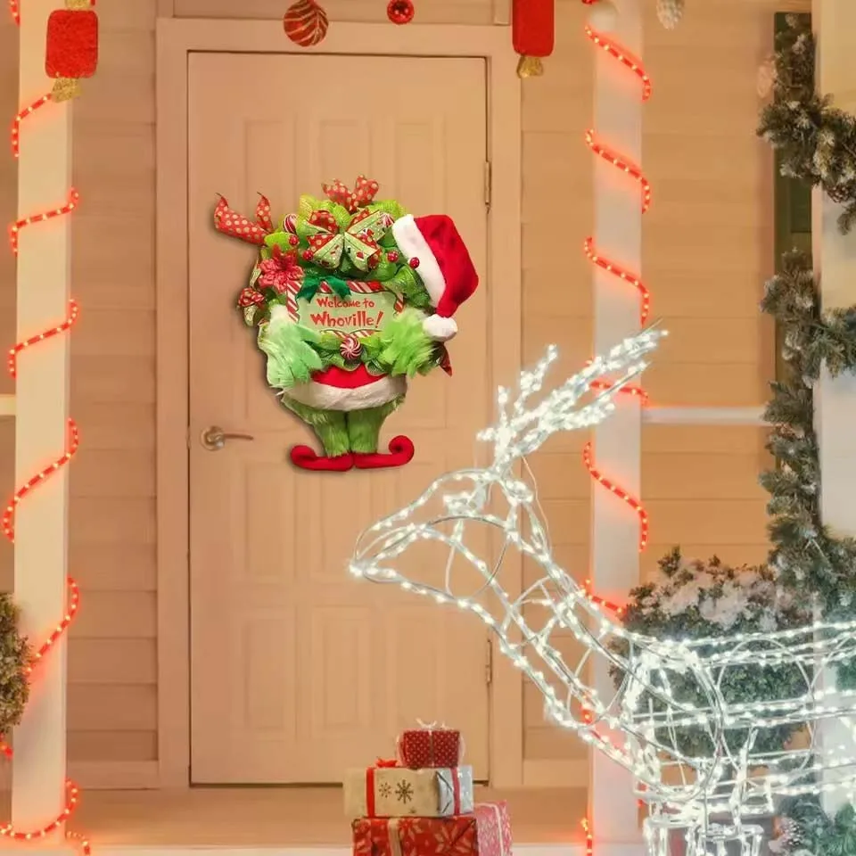 1pcs Creative Christmas Decor Plush Green Hairy Monster Hanging Ornament Elf Leg Wreath Door Hanging New Year Decoration - Image 3