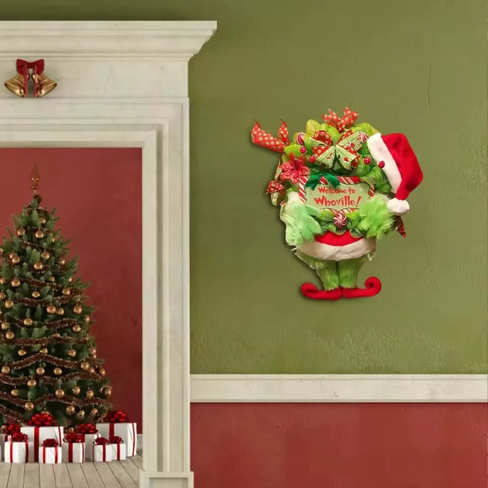 1pcs Creative Christmas Decor Plush Green Hairy Monster Hanging Ornament Elf Leg Wreath Door Hanging New Year Decoration - Image 5