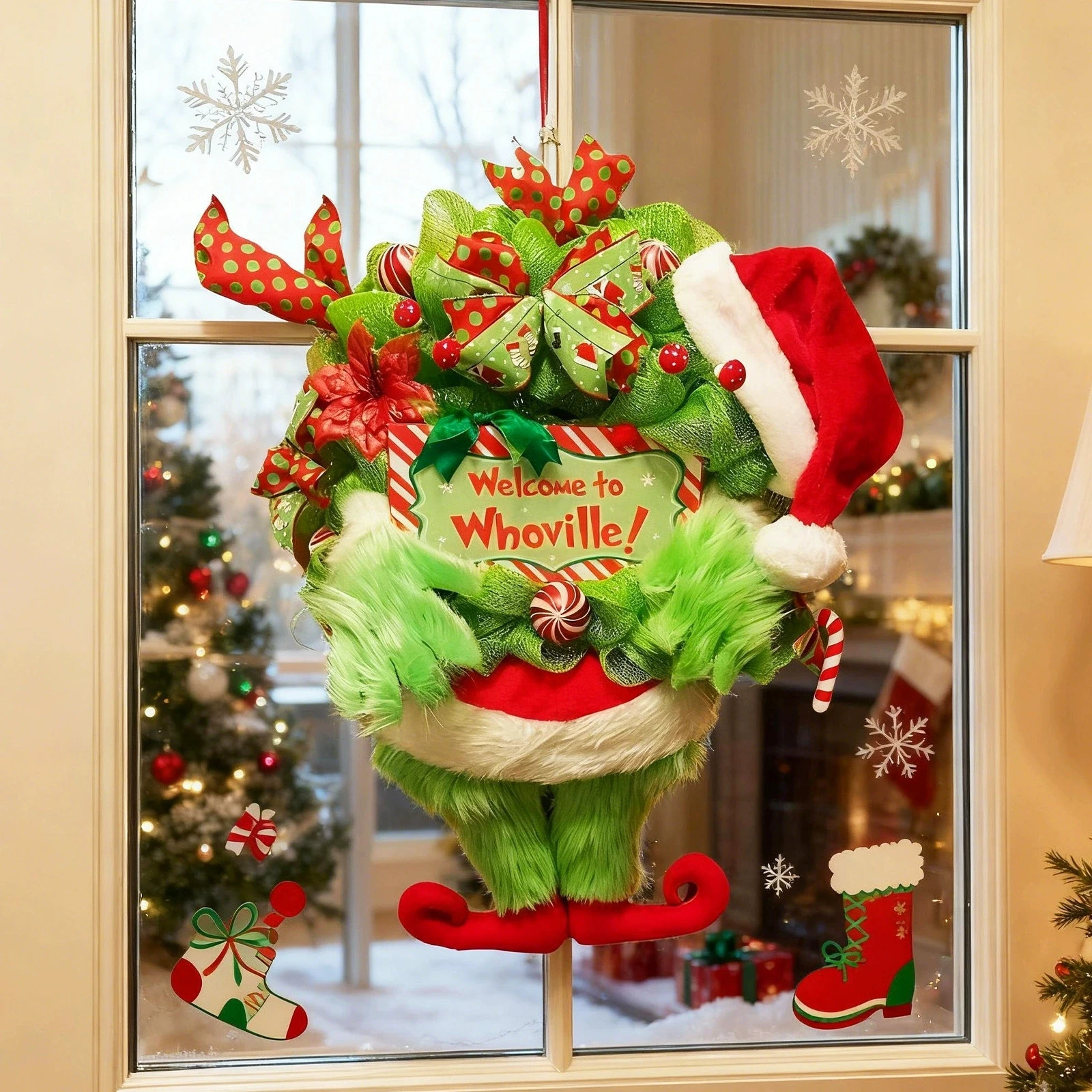 1pcs Creative Christmas Decor Plush Green Hairy Monster Hanging Ornament Elf Leg Wreath Door Hanging New Year Decoration