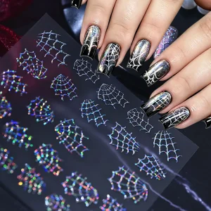 1sheet 3D Holographic Glitter Spider Web Nail Stickers Halloween Shiny Laser Spiders' Web Nail Decals Self-adhesive Nail Decora
