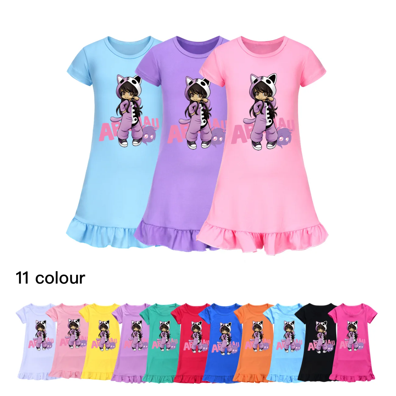 2-14Years APHMAU Clothes Kids 2026 Summer Nigtgowns Baby Girls Cartoon Casual Dresses Children Short Sleeve Leisure Sleepdress