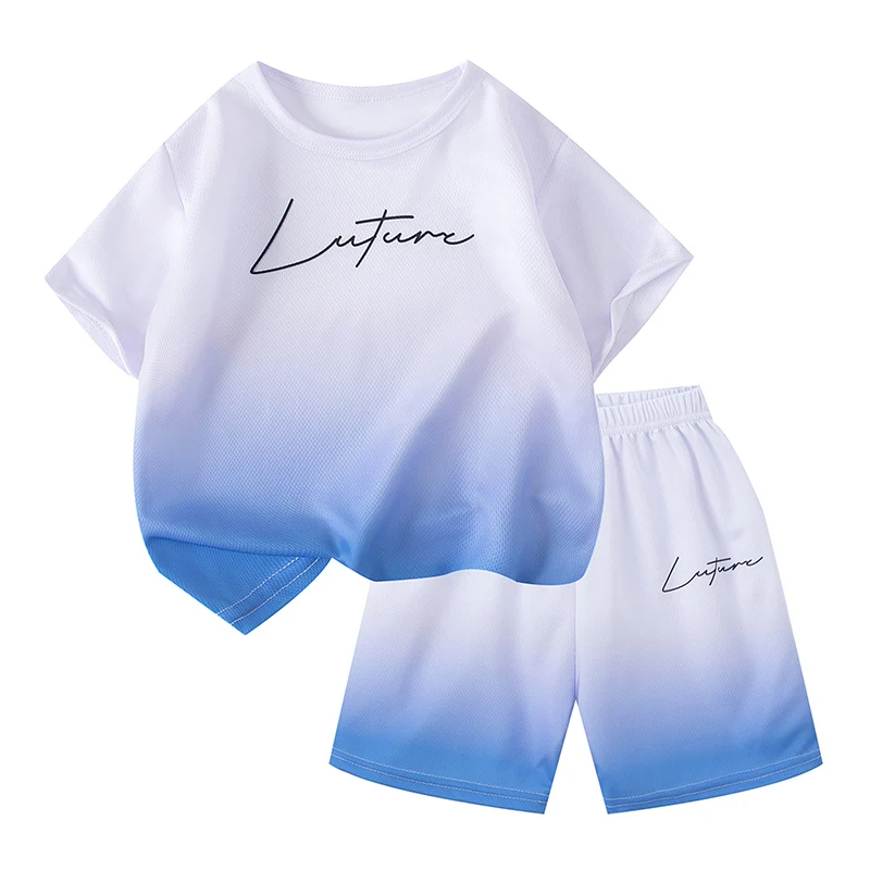 2 Pcs Children's Tie-dye Gradient Suit Boy Sports Training Running Short-sleeved Girls Casual Joker Elastic Waist Shorts 4-12Y - Image 6