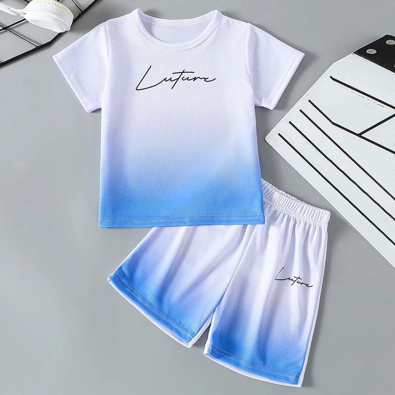 2 Pcs Children's Tie-dye Gradient Suit Boy Sports Training Running Short-sleeved Girls Casual Joker Elastic Waist Shorts 4-12Y - Image 4