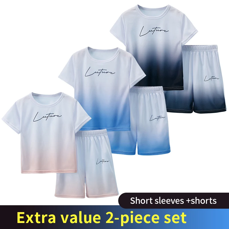 2 Pcs Children's Tie-dye Gradient Suit Boy Sports Training Running Short-sleeved Girls Casual Joker Elastic Waist Shorts 4-12Y
