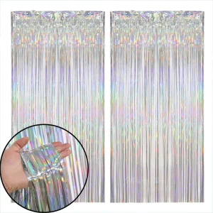 2 packs Silver Foil Fringe Curtains 6.56ft Iridescent Laser Tinsel Backdrop Curtain for Birthday Christmas Wedding Party Decor