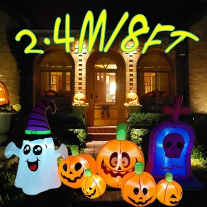 2.4M/8FT Halloween Decoration Inflatable Pumpkin Tombstone Build-in LED Lights Indoor Outdoor Ornament Party Garden Scene Prop