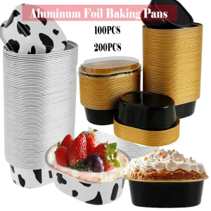200Set/100Set Aluminum Foil Cake Container 68ml Cake Pans Liners with Lids Heat-Resistant Foil Baking Cups Cake Pan Kitchen Tool