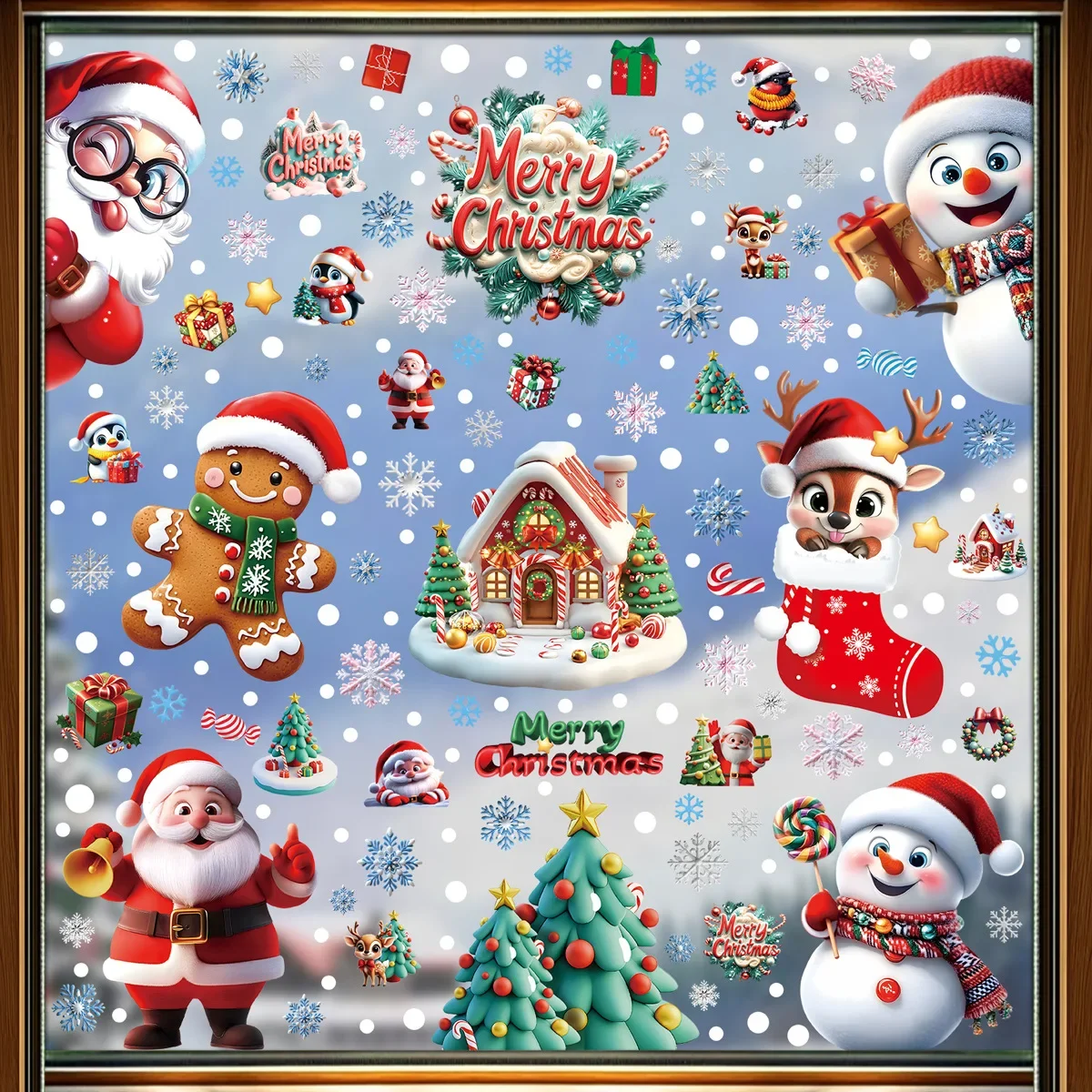 2025 Christmas Static Window Clings - Gingerbread Man Snowman Snowflake & Santa Claus Decals for Xmas Holiday Party Decorations - Image 2