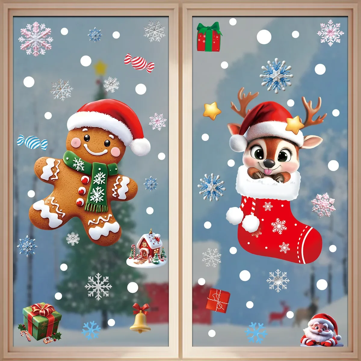 2025 Christmas Static Window Clings - Gingerbread Man Snowman Snowflake & Santa Claus Decals for Xmas Holiday Party Decorations - Image 4