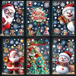 2025 Christmas Static Window Clings - Gingerbread Man Snowman Snowflake & Santa Claus Decals for Xmas Holiday Party Decorations