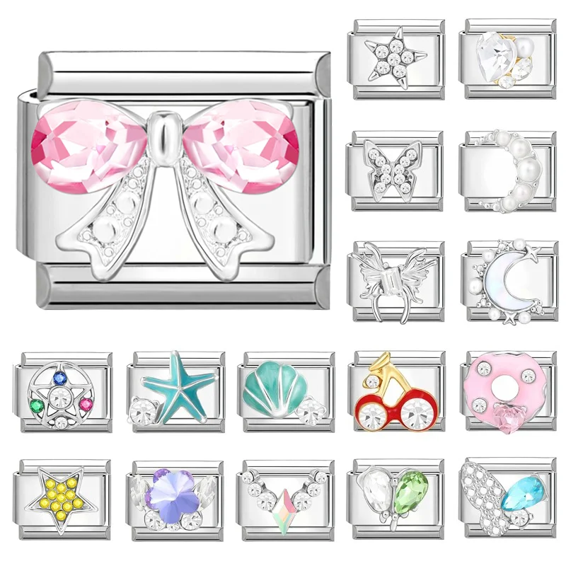 2025 Simple Colorful Zircon Butterfly Heart Moon Stars Italian Charm Links Fit 9mm Bracelet Stainless Steel Jewelry Diy Making