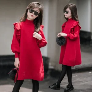 2026 Autumn Winter Child Lace Kid Girls Clothes Red Knitted Ruffles Teenager Long Sleeve Sweater Dress 7 8 9 10 11 12 13 14 Year