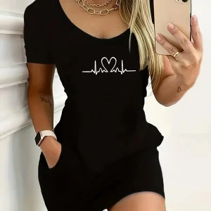 2026 Casual and Comfortable Summer Style, Heartbeat Accelerated Printed Pattern, Solid Color Short Sleeved Dress, Short Skirt