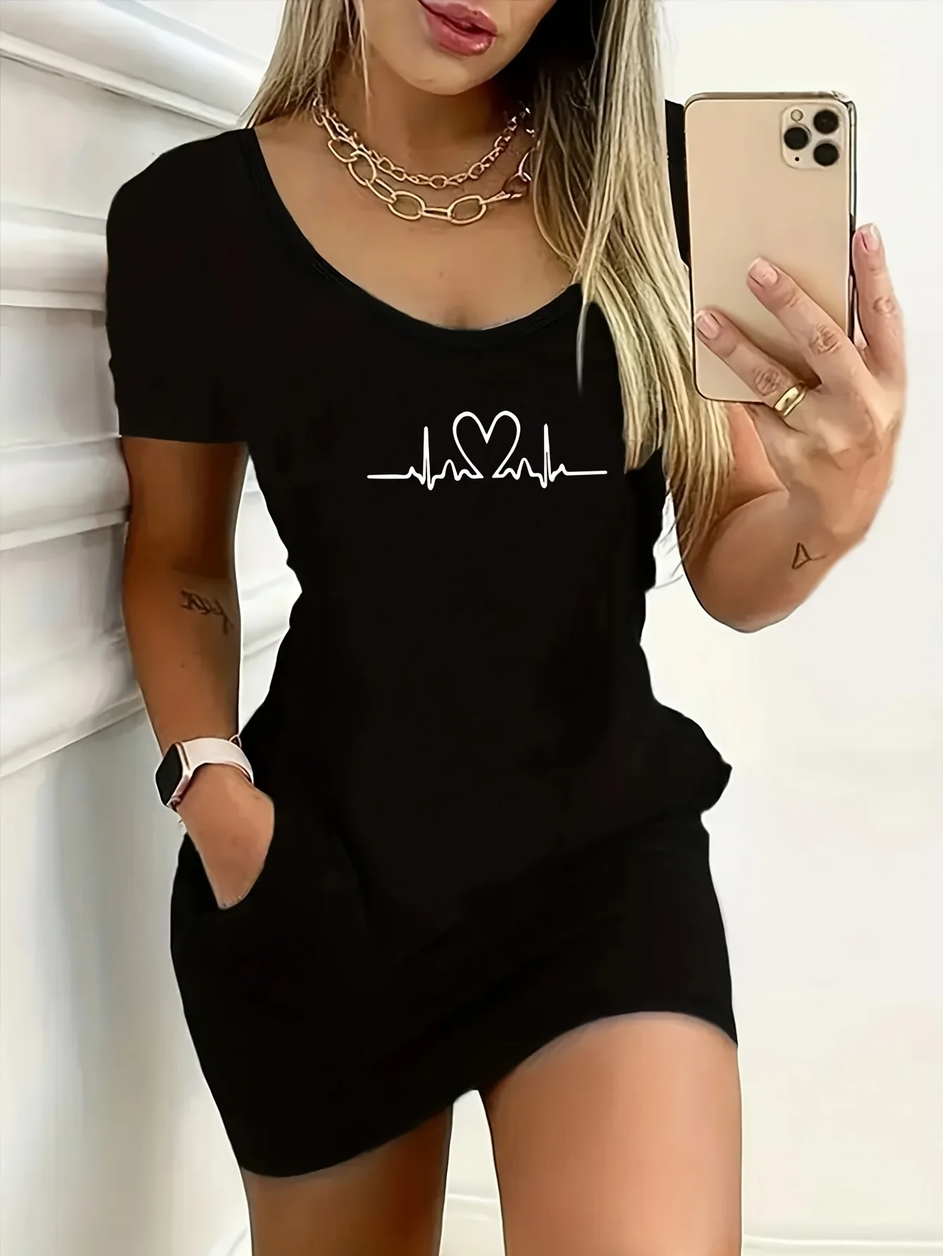 2026 Casual and Comfortable Summer Style, Heartbeat Accelerated Printed Pattern, Solid Color Short Sleeved Dress, Short Skirt