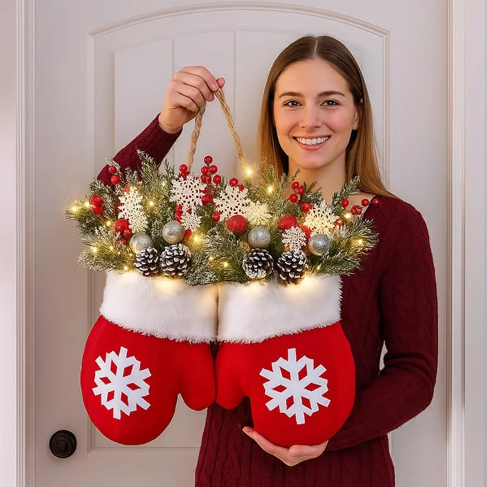 2026 Christmas Garland Creative Glove Shaped Wreath Window Door Garden Gate Decorative Hanging Holiday Party Decor Door Sign - Image 4