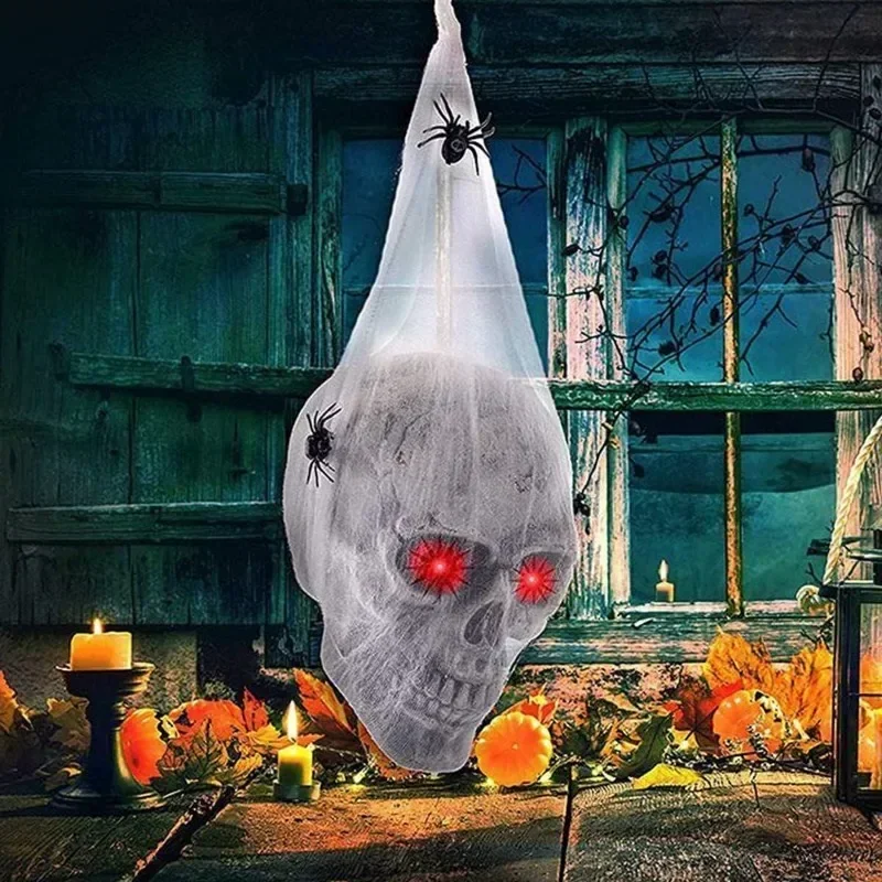 2026 Halloween Sound Control Luminous Spider Skull Prop Cotton Cobweb Indoor Outdoor Courtyard Escape Room Spooky Party Ornament - Image 3