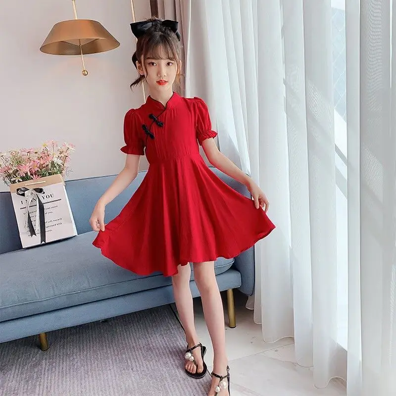 2026 Kids Girls Solid Chinese Red Cheongsam Qipao Princess Teenager New Year Dresses Clothing 4 7 8 9 10 12 14 Years - Image 2