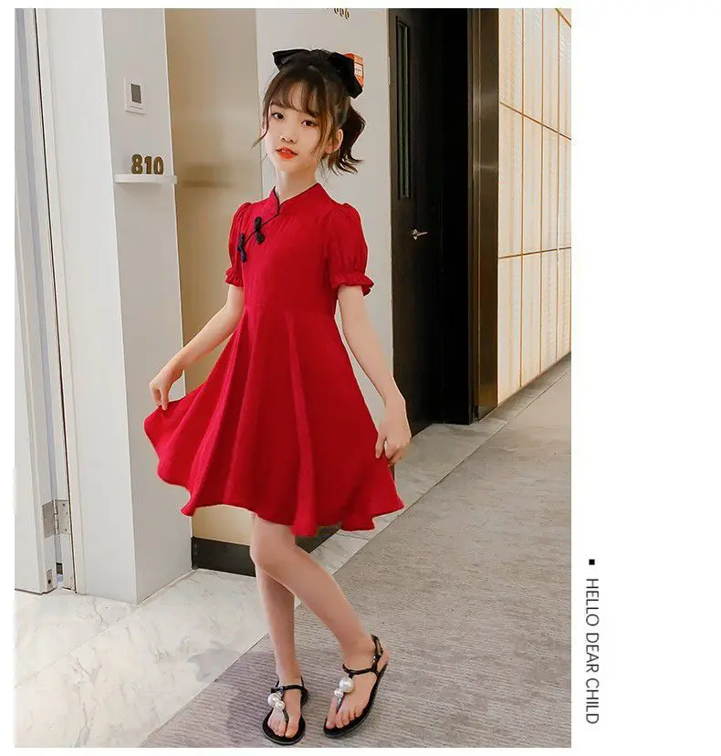 2026 Kids Girls Solid Chinese Red Cheongsam Qipao Princess Teenager New Year Dresses Clothing 4 7 8 9 10 12 14 Years - Image 4