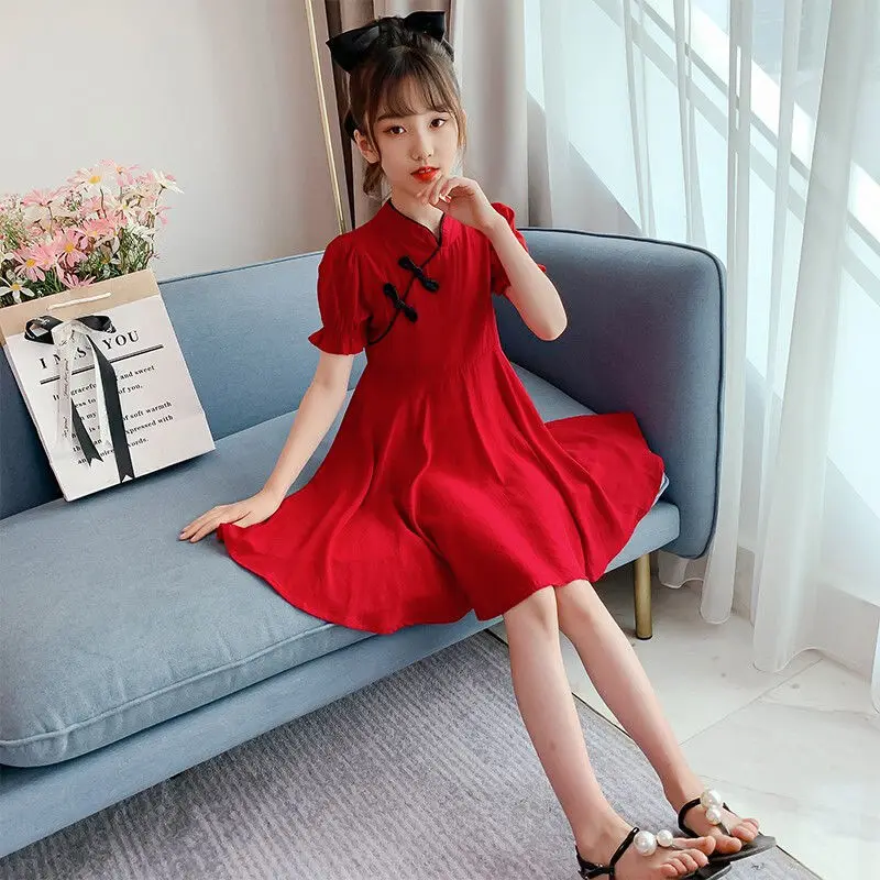 2026 Kids Girls Solid Chinese Red Cheongsam Qipao Princess Teenager New Year Dresses Clothing 4 7 8 9 10 12 14 Years - Image 6