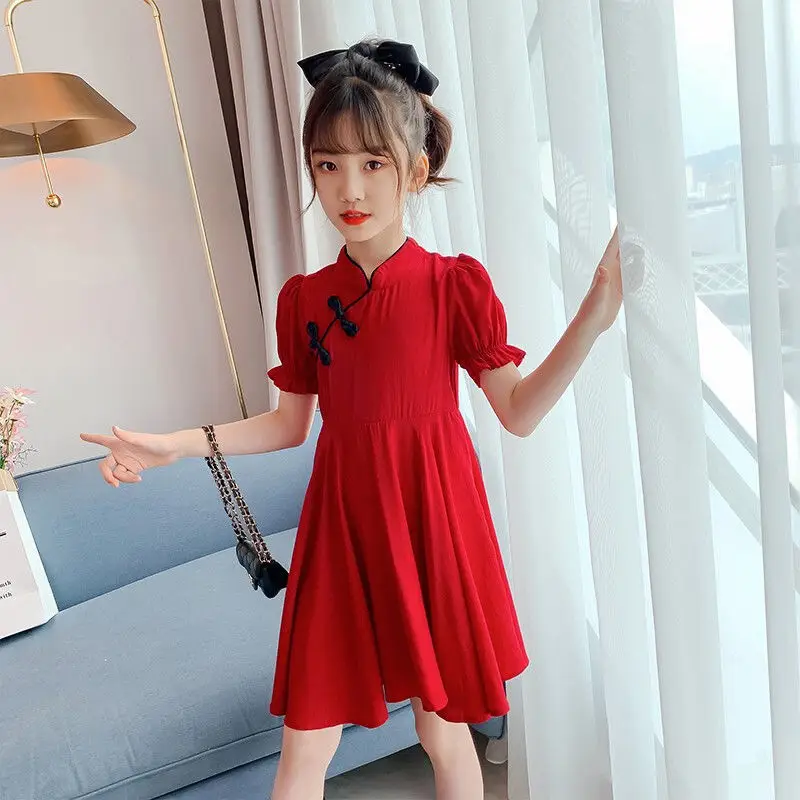 2026 Kids Girls Solid Chinese Red Cheongsam Qipao Princess Teenager New Year Dresses Clothing 4 7 8 9 10 12 14 Years - Image 3
