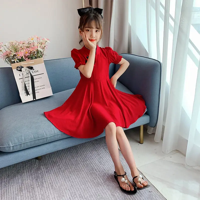 2026 Kids Girls Solid Chinese Red Cheongsam Qipao Princess Teenager New Year Dresses Clothing 4 7 8 9 10 12 14 Years - Image 5