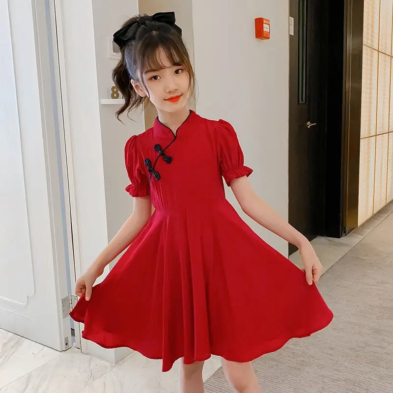 2026 Kids Girls Solid Chinese Red Cheongsam Qipao Princess Teenager New Year Dresses Clothing 4 7 8 9 10 12 14 Years