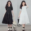 2026 New Girls Dress Teenager Square Neck Solid Color Gown Princess Long Vestidos Summer Casual Outfit for Older Kids 5-14 Years