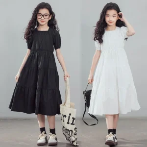 2026 New Girls Dress Teenager Square Neck Solid Color Gown Princess Long Vestidos Summer Casual Outfit for Older Kids 5-14 Years