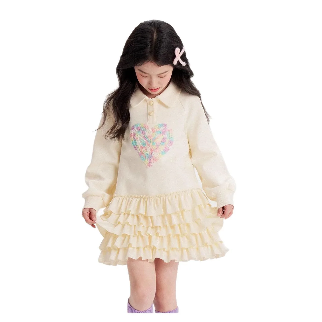 2026 New spring heart Teens Girls Cloth long sleeve T-Shirt Pleated splicing princess dress Children Tiered Skirt 5 12 14 year - Image 3