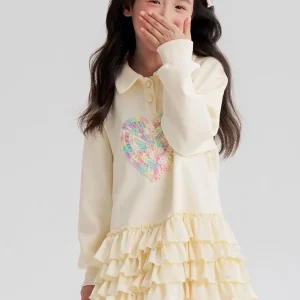 2026 New spring heart Teens Girls Cloth long sleeve T-Shirt Pleated splicing princess dress Children Tiered Skirt 5 12 14 year