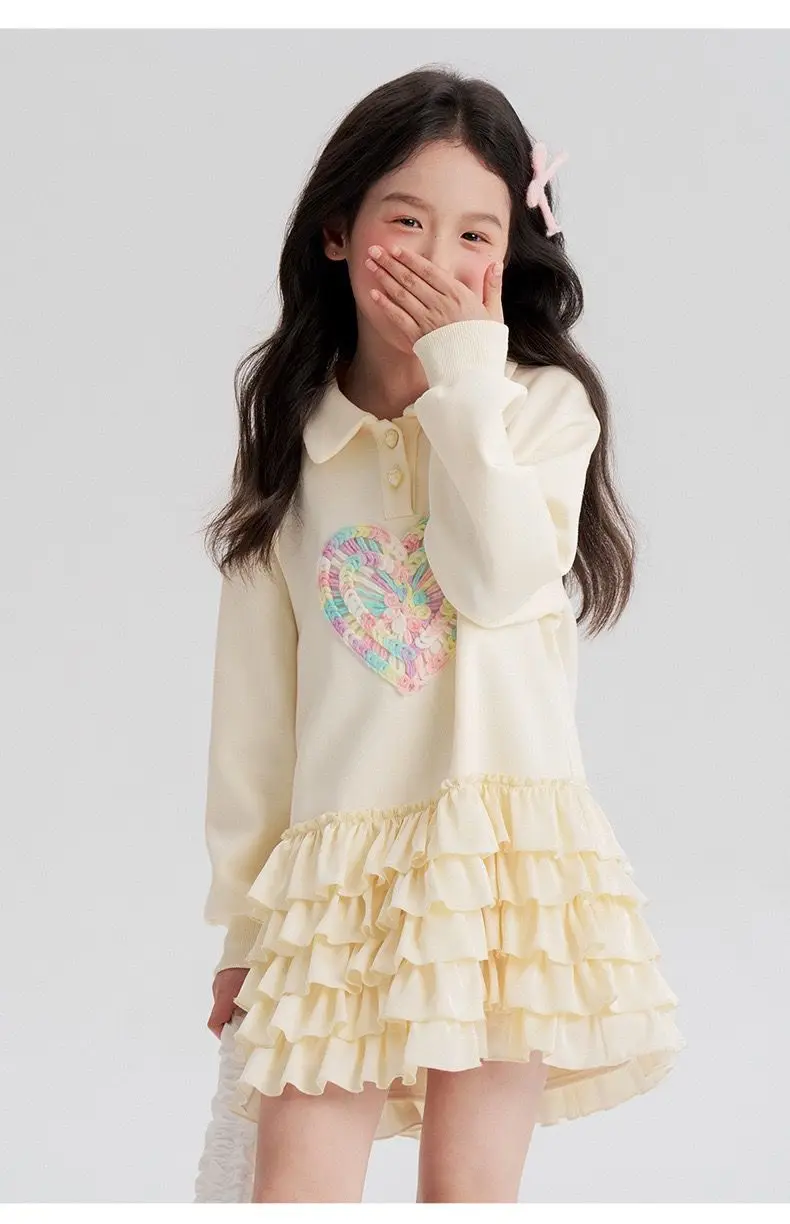 2026 New spring heart Teens Girls Cloth long sleeve T-Shirt Pleated splicing princess dress Children Tiered Skirt 5 12 14 year