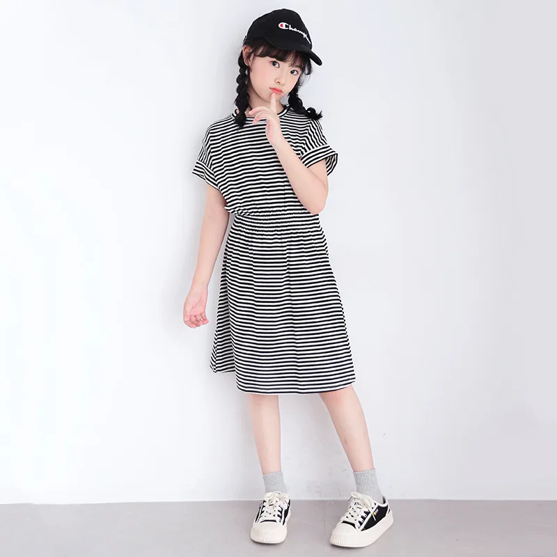 2026 Summer Kids Girls Pearl Chinese Striped Heart Princess Teenager T Shirt Dress Puff Sleeve 4 7 8 9 10 12 14 Years Cotton - Image 2
