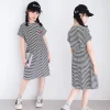 2026 Summer Kids Girls Pearl Chinese Striped Heart Princess Teenager T Shirt Dress Puff Sleeve 4 7 8 9 10 12 14 Years Cotton