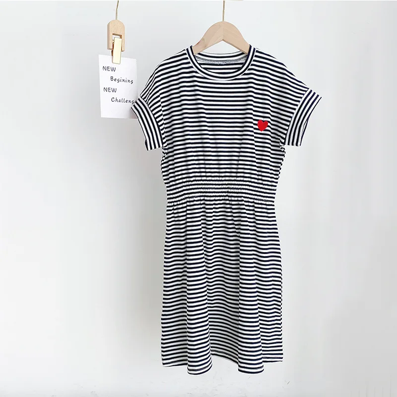 2026 Summer Kids Girls Pearl Chinese Striped Heart Princess Teenager T Shirt Dress Puff Sleeve 4 7 8 9 10 12 14 Years Cotton - Image 4