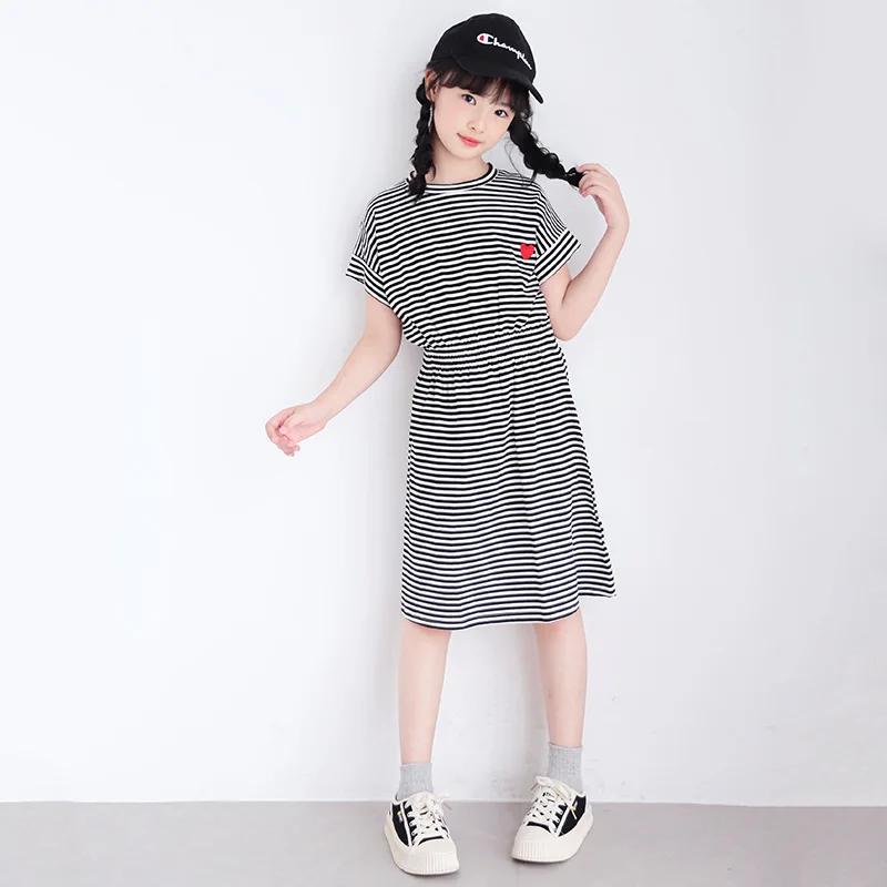 2026 Summer Kids Girls Pearl Chinese Striped Heart Princess Teenager T Shirt Dress Puff Sleeve 4 7 8 9 10 12 14 Years Cotton - Image 3