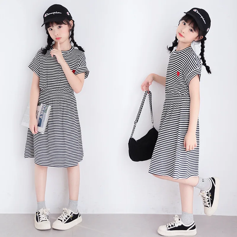 2026 Summer Kids Girls Pearl Chinese Striped Heart Princess Teenager T Shirt Dress Puff Sleeve 4 7 8 9 10 12 14 Years Cotton - Image 5