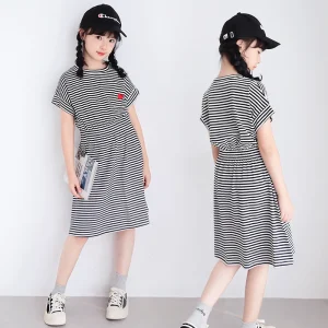 2026 Summer Kids Girls Pearl Chinese Striped Heart Princess Teenager T Shirt Dress Puff Sleeve 4 7 8 9 10 12 14 Years Cotton