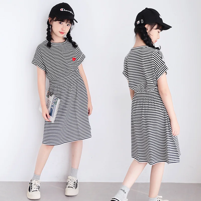 2026 Summer Kids Girls Pearl Chinese Striped Heart Princess Teenager T Shirt Dress Puff Sleeve 4 7 8 9 10 12 14 Years Cotton