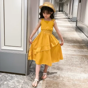 2026 Summer Kids girls flounce chiffon sleeveless party Dresses Formal Princess Children braces skirt 4 5 6 7 8 10 11 12 Years
