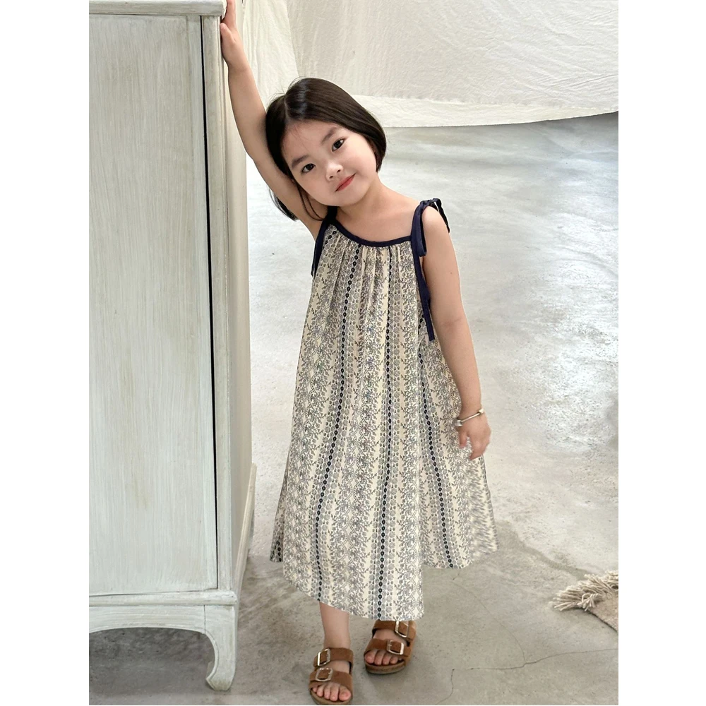 2026 Summer New Arrival Korean Children's Clothing Korean Style Tie-Up Cute Flower Print Loose Sleeveless Beach Girls' Dress - Image 4