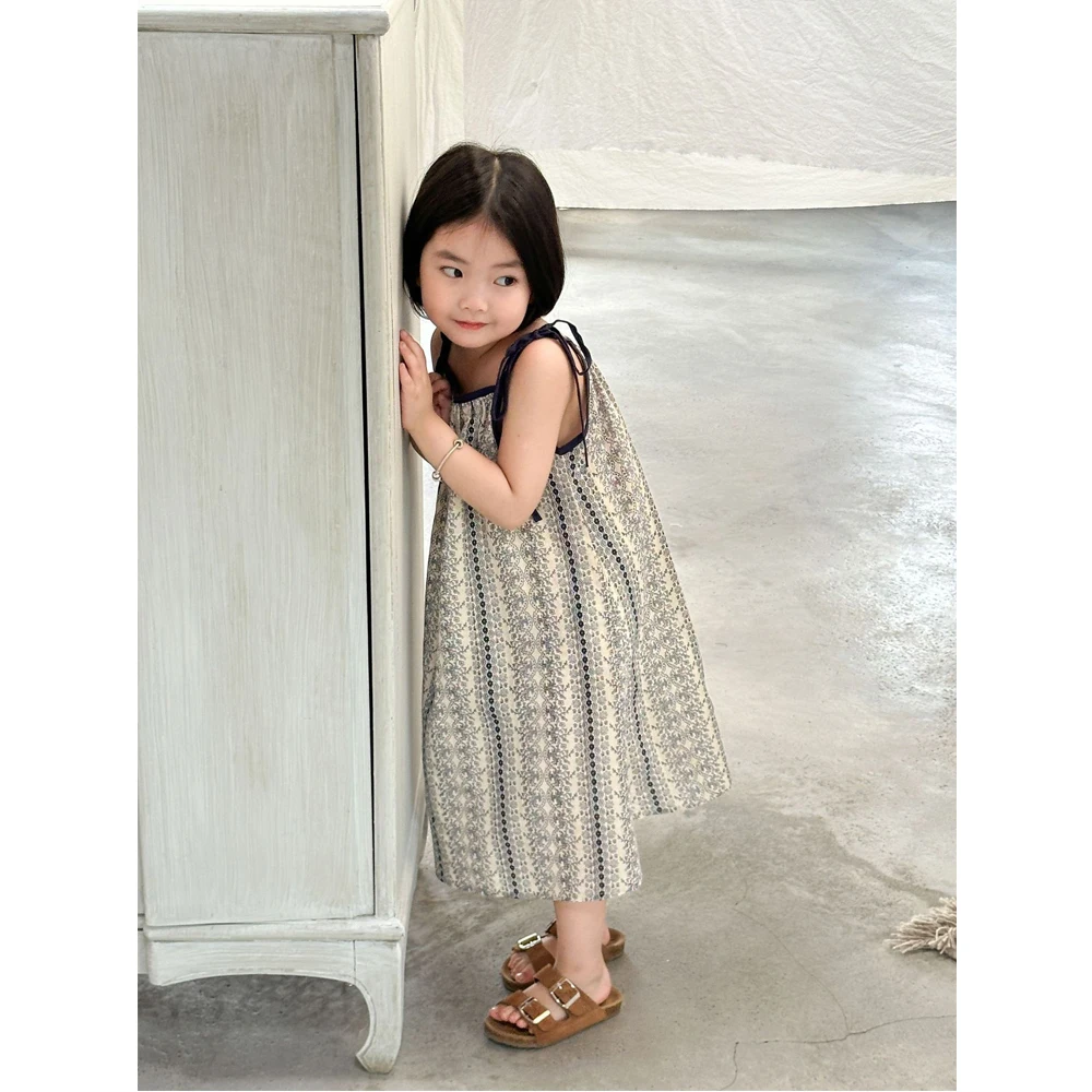 2026 Summer New Arrival Korean Children's Clothing Korean Style Tie-Up Cute Flower Print Loose Sleeveless Beach Girls' Dress - Image 3