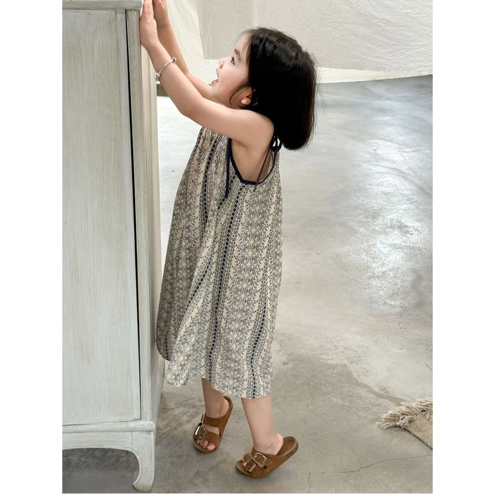 2026 Summer New Arrival Korean Children's Clothing Korean Style Tie-Up Cute Flower Print Loose Sleeveless Beach Girls' Dress - Image 5