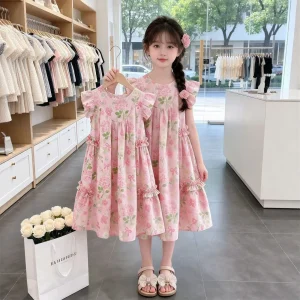 2026 Summer Teenager floral kid party mesh sleeveless princess Girls Mid Long bow dress layered tutu chiffon 4 8 10 12 14 Years