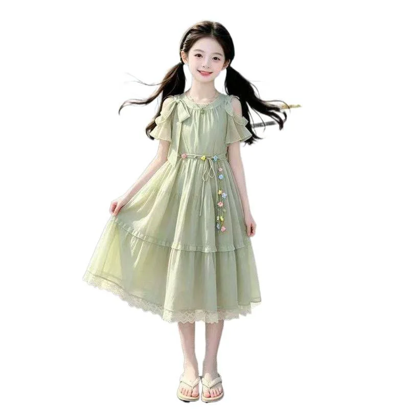 2026 Summer sleeveless floral kid party mesh lace princess Girls Mid Long Teenager bow fairy layered dress 4 8 10 12 14 Years - Image 2