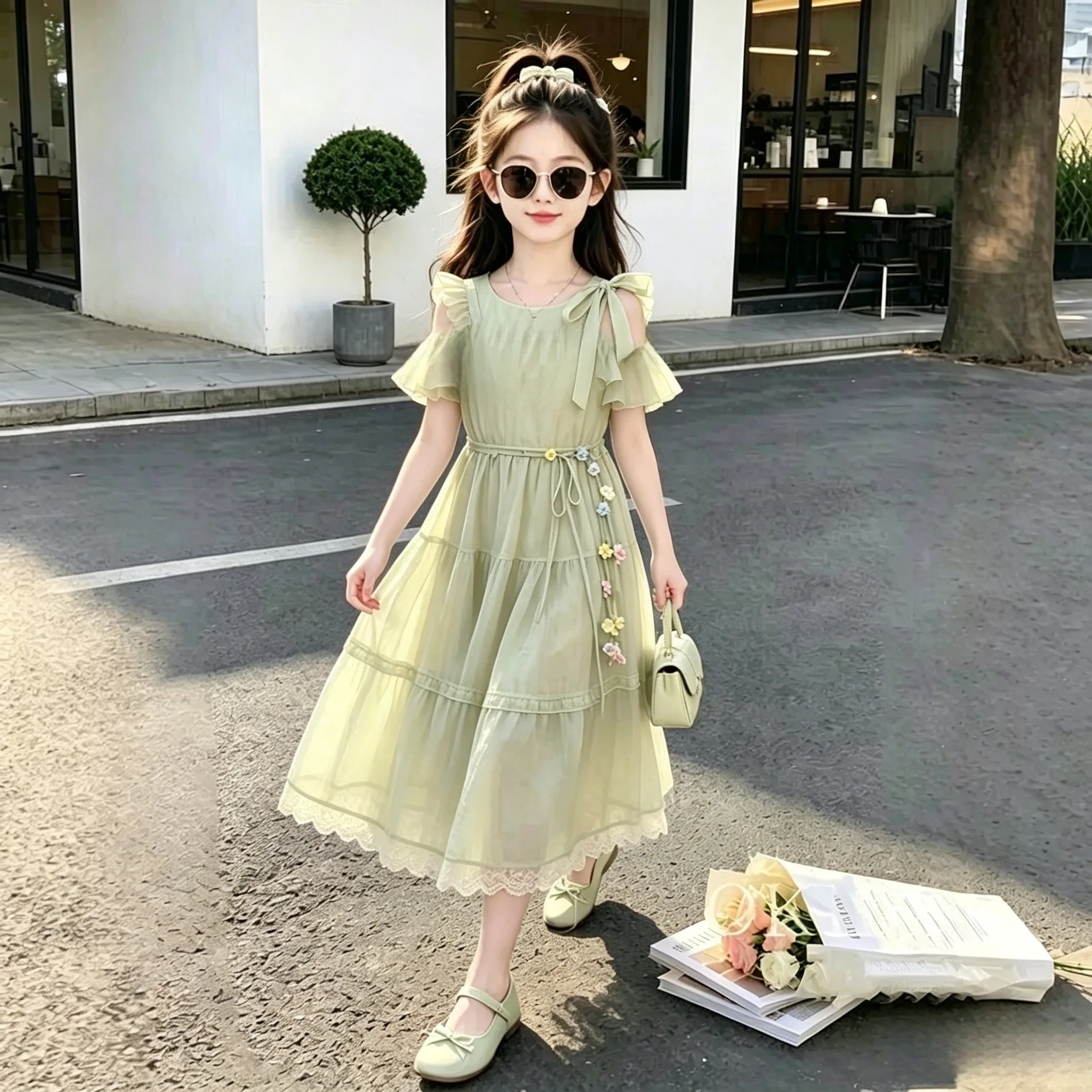 2026 Summer sleeveless floral kid party mesh lace princess Girls Mid Long Teenager bow fairy layered dress 4 8 10 12 14 Years - Image 6