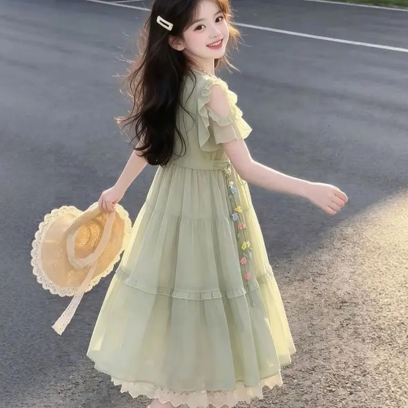 2026 Summer sleeveless floral kid party mesh lace princess Girls Mid Long Teenager bow fairy layered dress 4 8 10 12 14 Years - Image 3