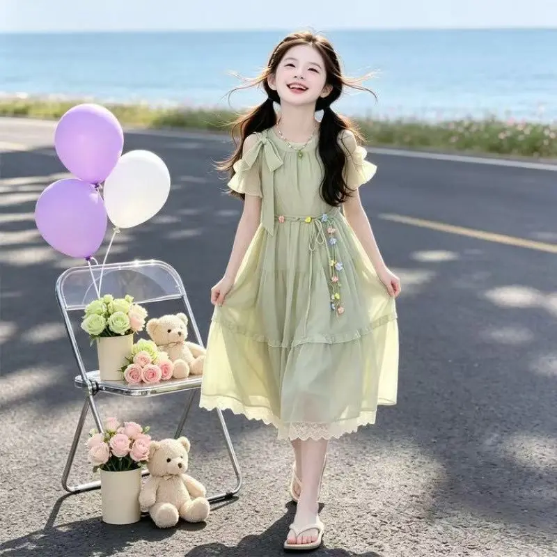 2026 Summer sleeveless floral kid party mesh lace princess Girls Mid Long Teenager bow fairy layered dress 4 8 10 12 14 Years - Image 4