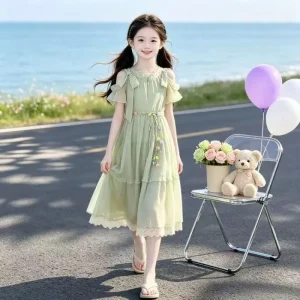 2026 Summer sleeveless floral kid party mesh lace princess Girls Mid Long Teenager bow fairy layered dress 4 8 10 12 14 Years